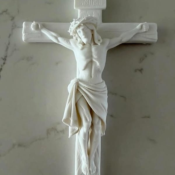 White crucifix wall cross with detailed Jesus and INRI
